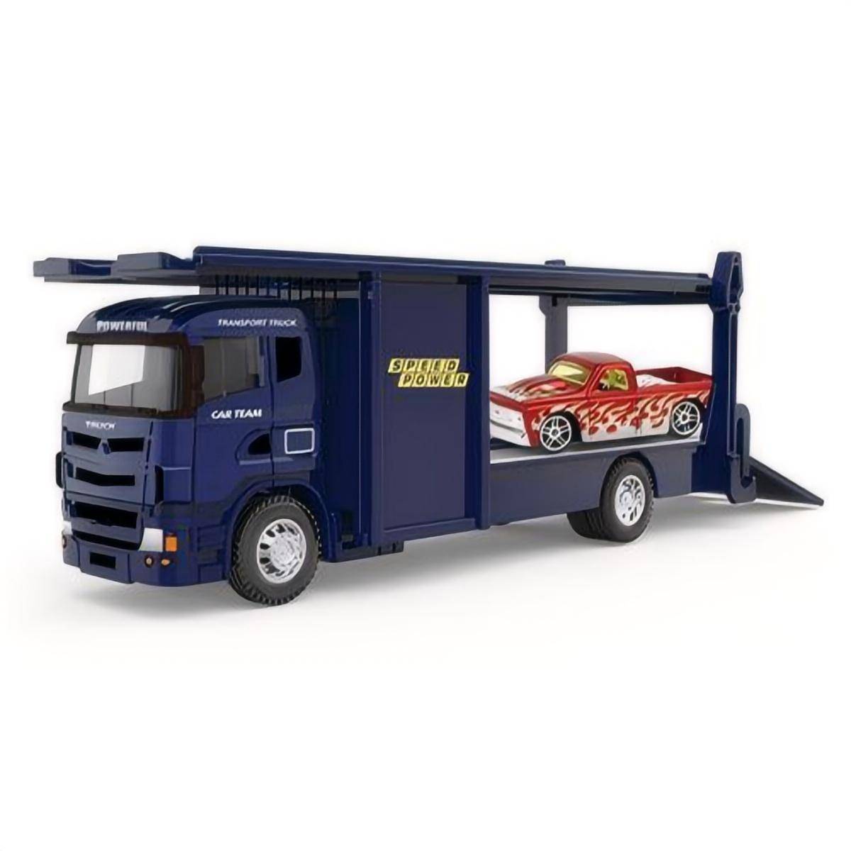 Dark blue auto show transport truck carrying a red flame-designed pickup truck. 1:64 alloy diecast model with intricate details and sturdy build.