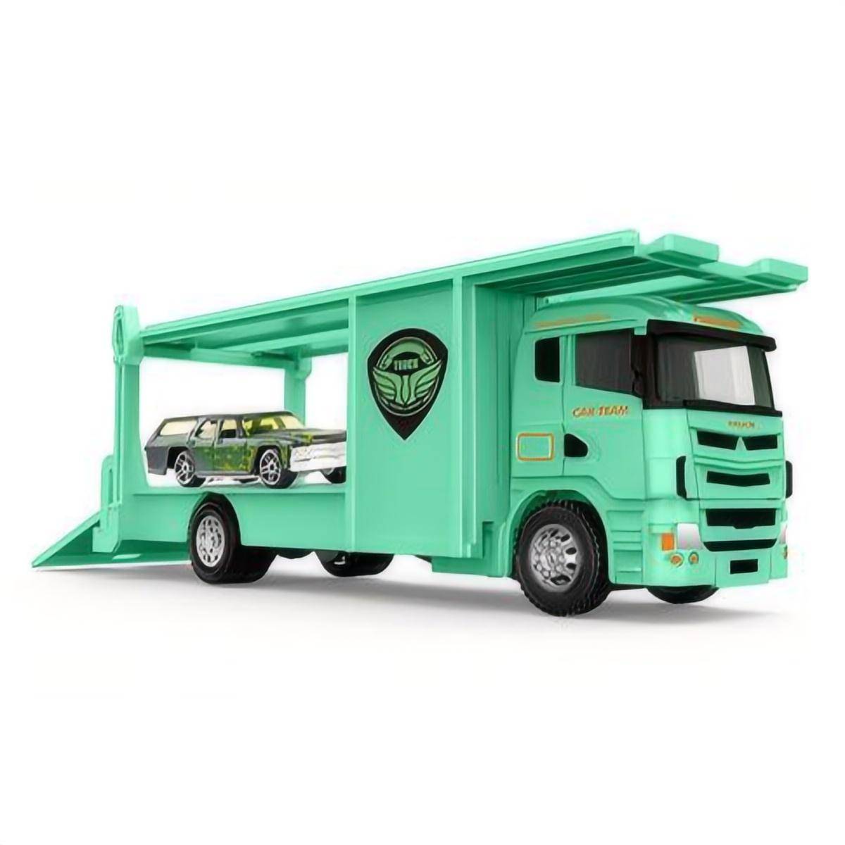 Green auto show transport truck with a green station wagon. 1:64 alloy diecast model featuring a pull-back mechanism and realistic design.