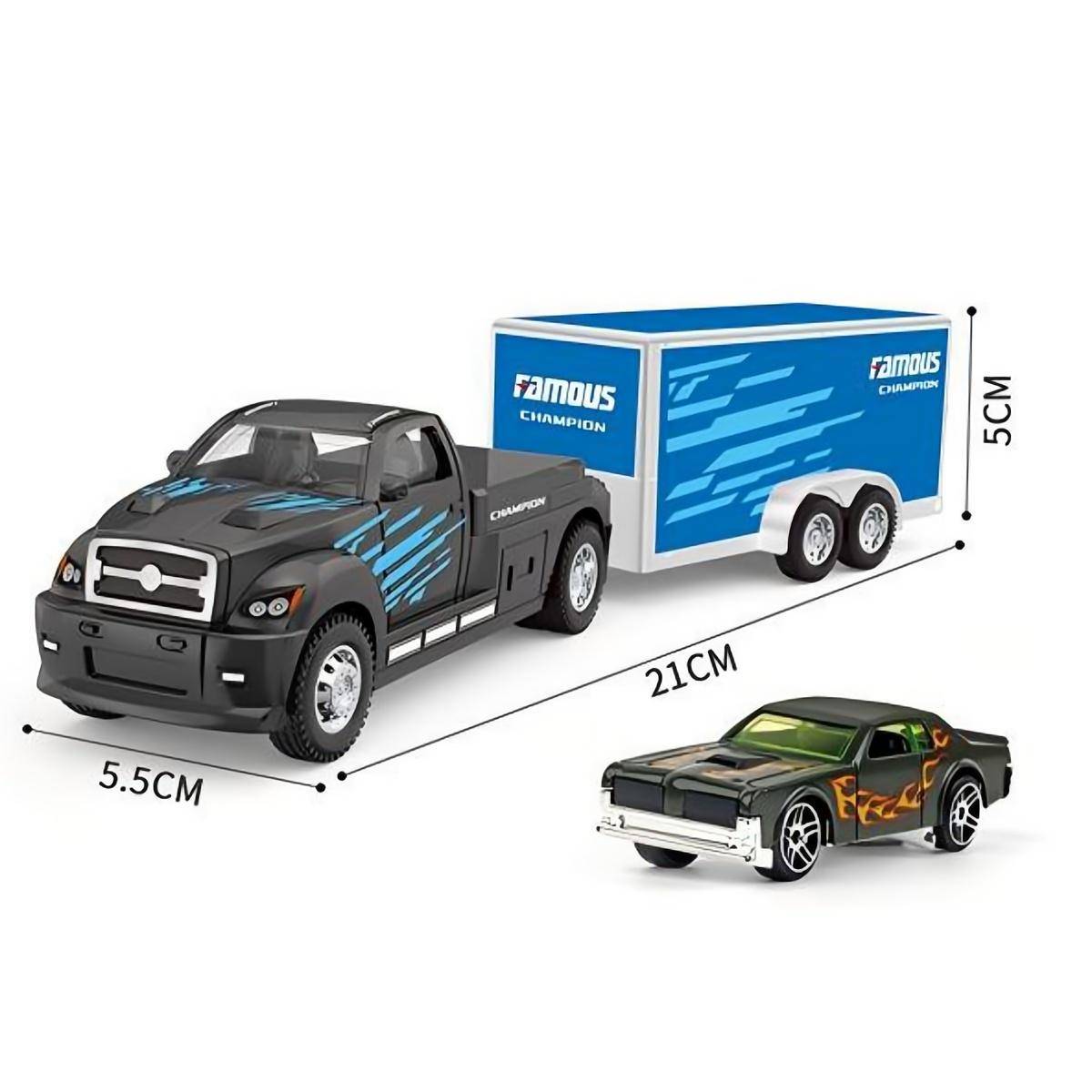 Black container trailer truck with a blue muscle car. 1:64 alloy diecast model featuring a pull-back function and high-quality construction.