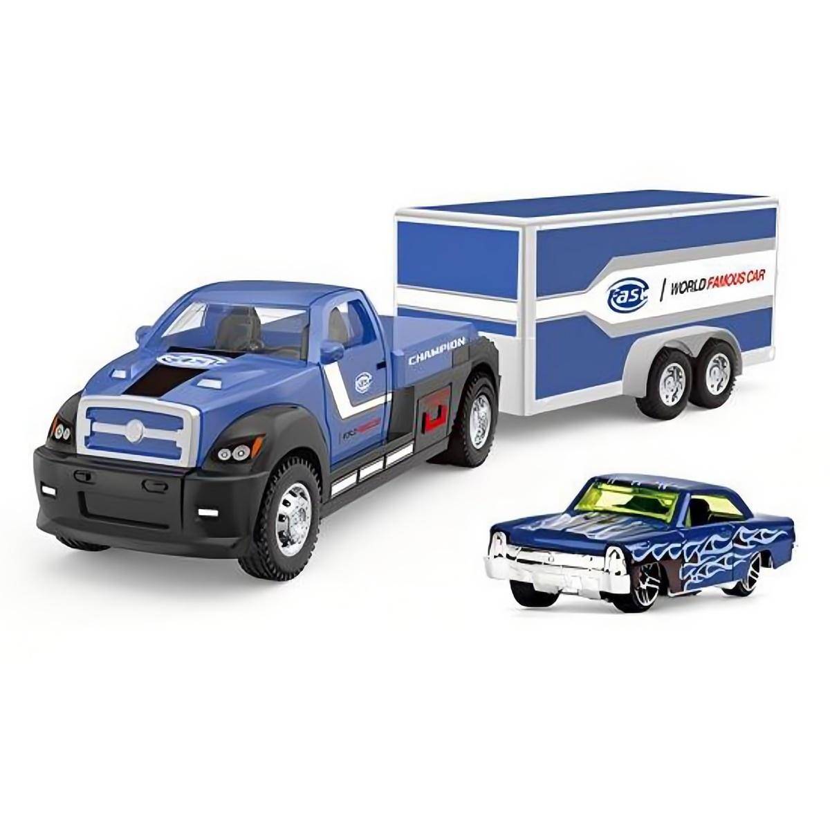 Blue container trailer truck with a blue muscle car. 1:64 alloy diecast model featuring a pull-back mechanism and intricate details.