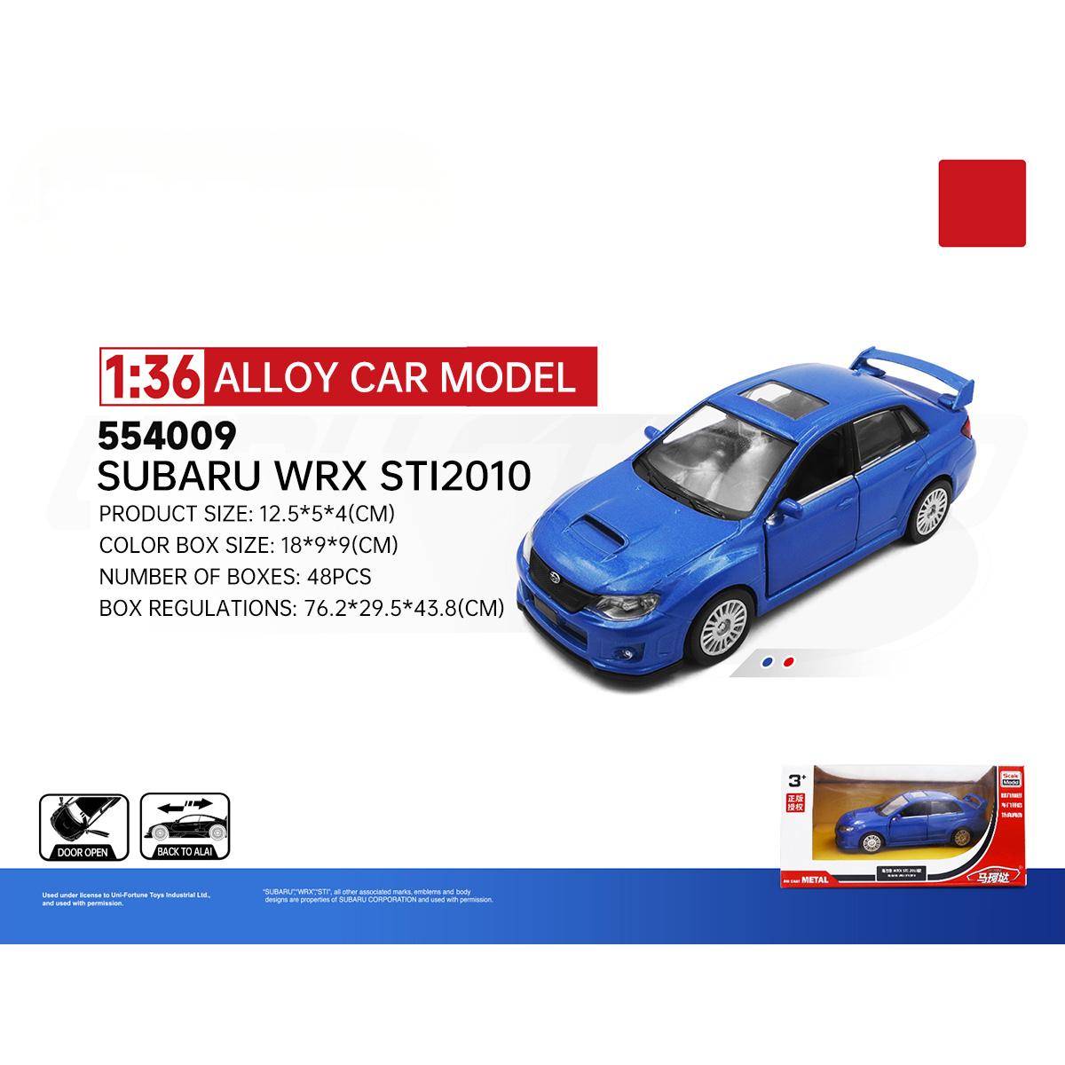 RMZ CiTY 1:36 Subaru WRX STI 2010 diecast model car in blue with realistic details and alloy body. Ideal for display and play.