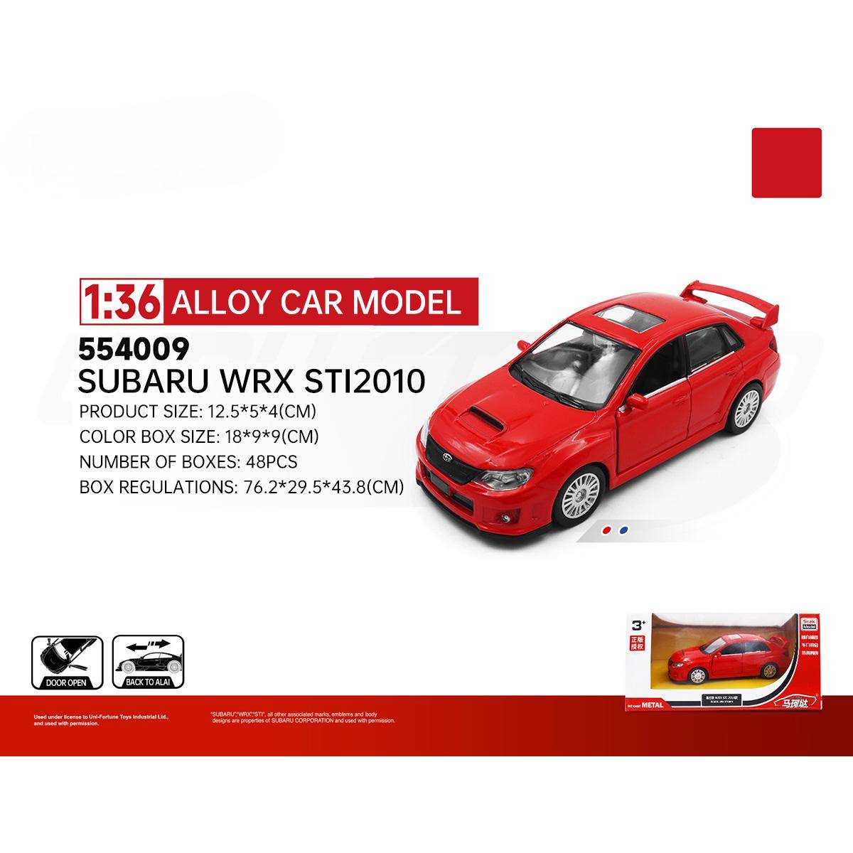 RMZ CiTY 1:36 Subaru WRX STI 2010 diecast model car in red with sporty design and pullback feature. A must-have for car enthusiasts.