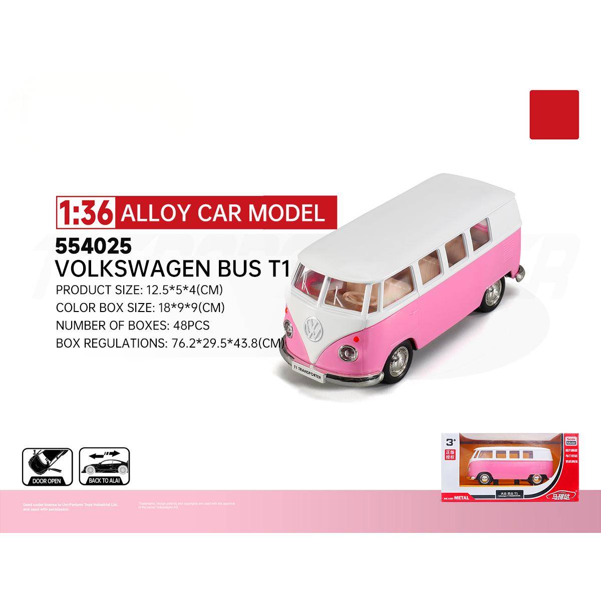 RMZ CiTY 1:36 Volkswagen Bus T1 diecast model in pink and white with classic detailing and pullback feature. A must-have for vintage lovers.