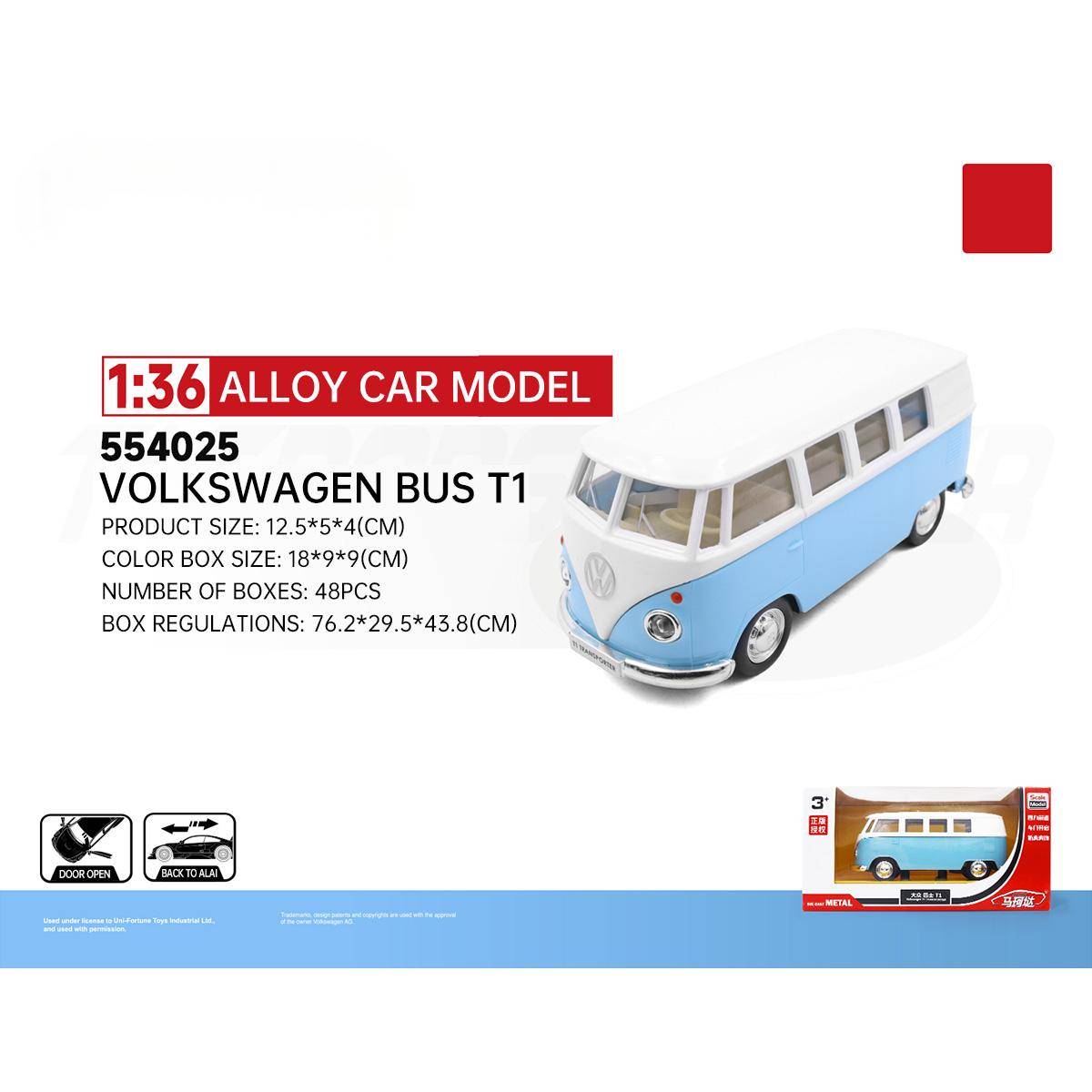 RMZ CiTY 1:36 Volkswagen Bus T1 diecast model in blue and white with realistic design and alloy construction. Perfect for collectors.