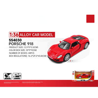 RMZ CiTY 1:36 Porsche 918 diecast model car in red with sleek design and pullback feature. A perfect collectible for sports car enthusiasts.