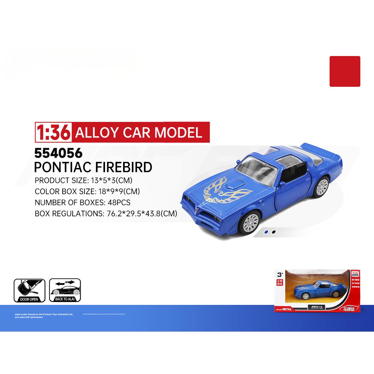 RMZ CiTY 1:36 Classic Alloy Diecast Model Car - Pontiac Firebird in blue with flame decals. Features realistic details, pullback action, and durable alloy construction.