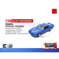 RMZ CiTY 1:36 Classic Alloy Diecast Model Car - Pontiac Firebird in blue with flame decals. Features realistic details, pullback action, and durable alloy construction.