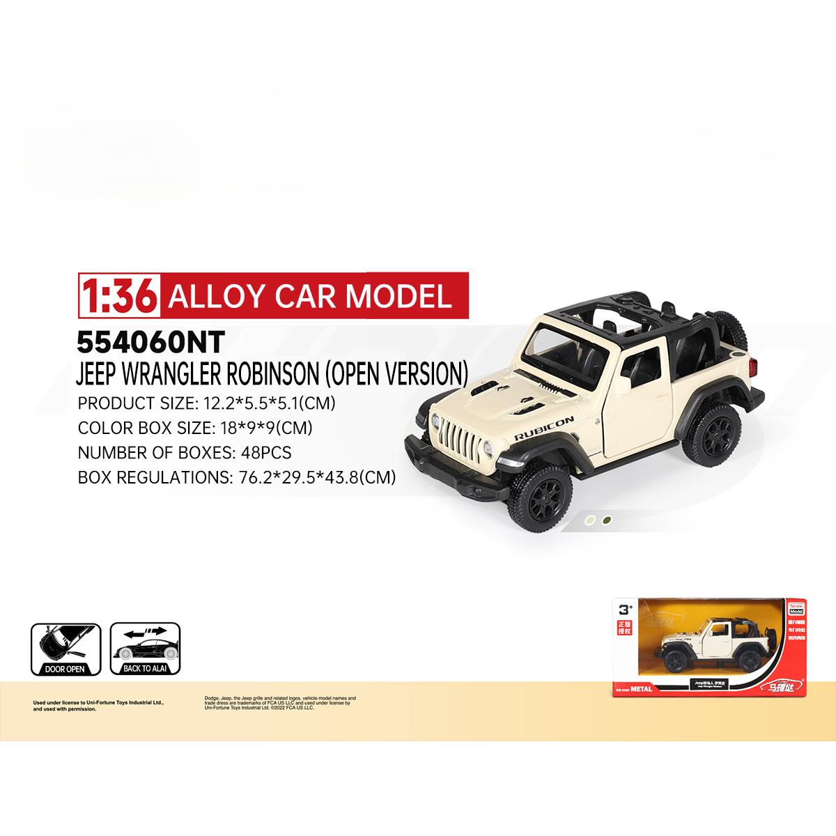 RMZ CiTY 1:36 Classic Alloy Diecast Model Jeep Wrangler Robinson in open version. Detailed design with pullback feature, perfect for collectors and kids.