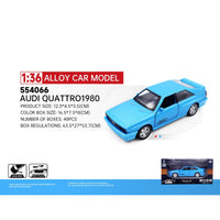 RMZ CiTY 1:36 Classic Alloy Diecast Model Car - Audi Quattro 1980 in blue. Features realistic details, pullback function, and durable alloy construction. Ideal for collectors and kids.