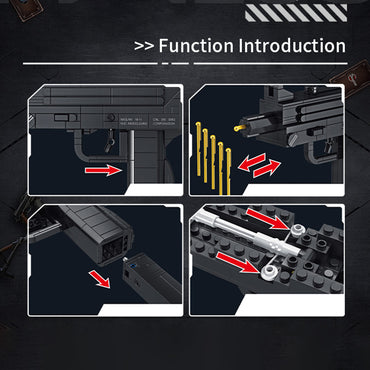 Close-up of Panlos Brick 670020 M10 Submachine Gun building blocks showcasing functional features like a removable magazine and shooting mechanism.