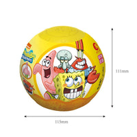 Close-up of SpongeBob Driving Series Blind Box packaging, a yellow sphere with SpongeBob, Patrick, Squidward, and Mr. Krabs, measuring 115mm x 111mm.