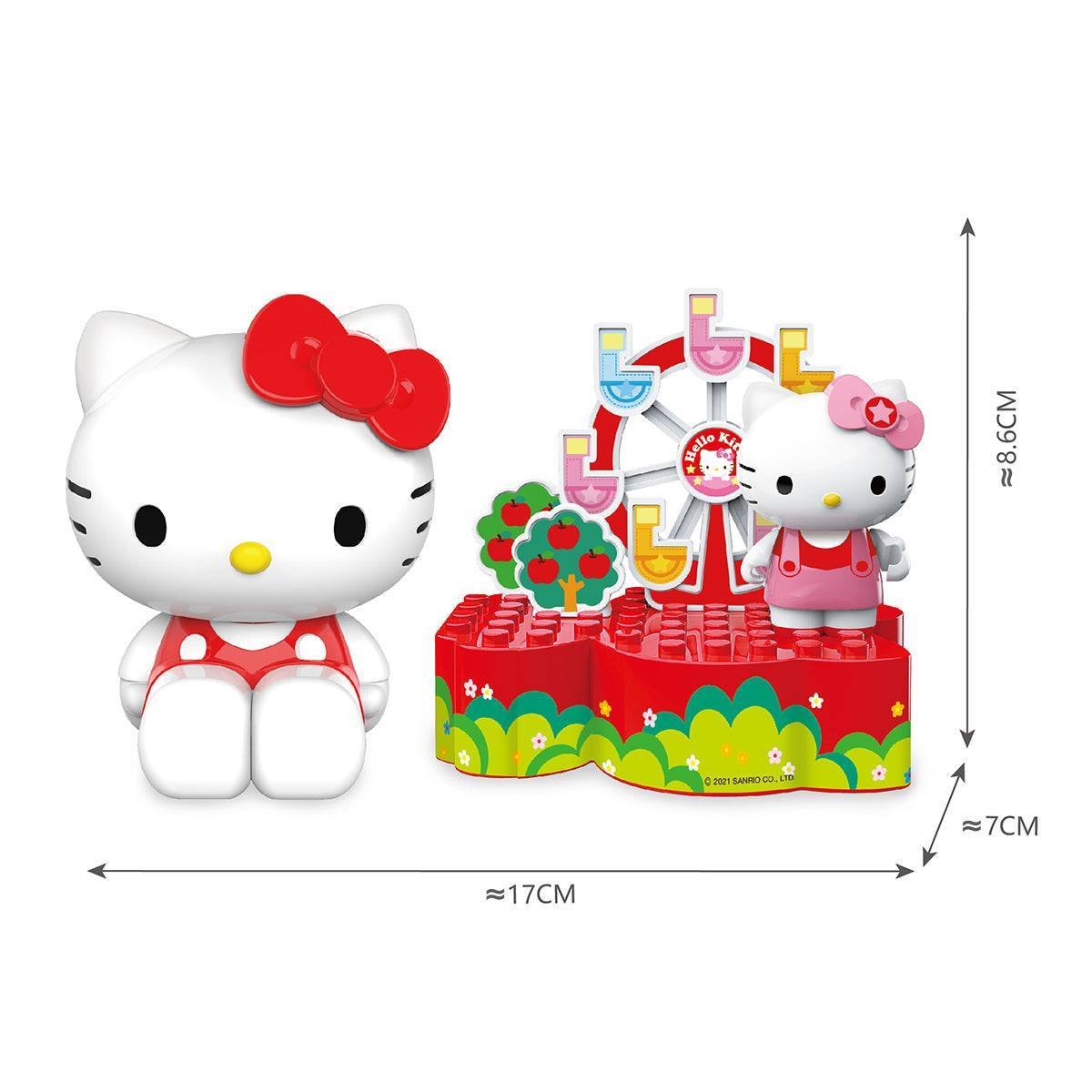 Hello Kitty Small Amusement Park Blind Box toy set featuring a Ferris wheel-themed building block display, measuring 17cm wide.