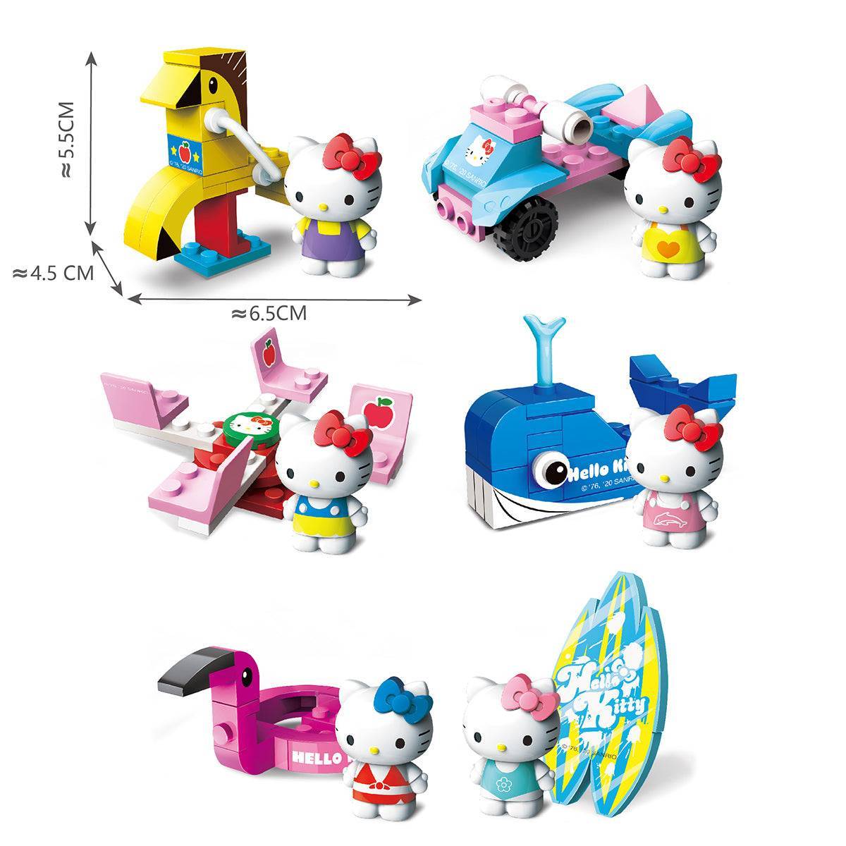 Hello Kitty Summer Beach Paradise Capsule Toys KT-010141-6 featuring six beach-themed building toys with Hello Kitty figures and dimensions displayed.