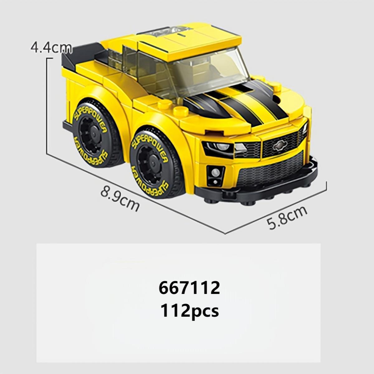 Yellow Panlos Mini Racing Car with black stripes, featuring 112 pieces and a sporty design for exciting racing adventures.