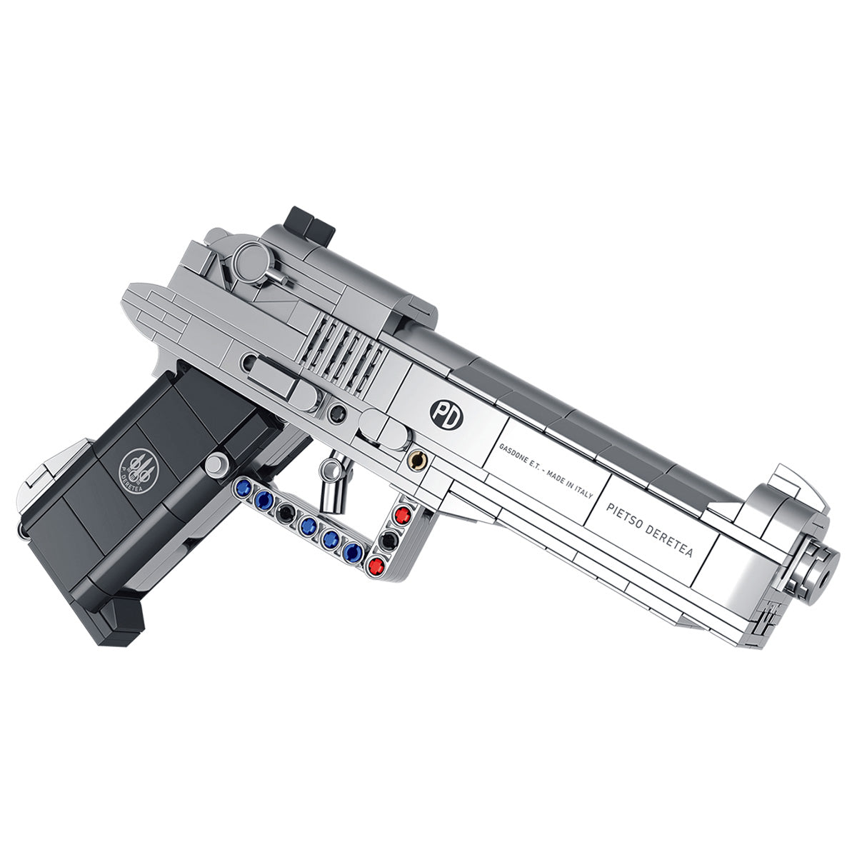 Panlos Brick M92 Building Block Pistol featuring a silver and black design with intricate details and a working trigger.