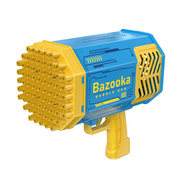 69 Hole Bazooka Bubble Gun in blue and yellow, designed for kids' outdoor play. Creates a stream of bubbles for exciting and interactive fun.