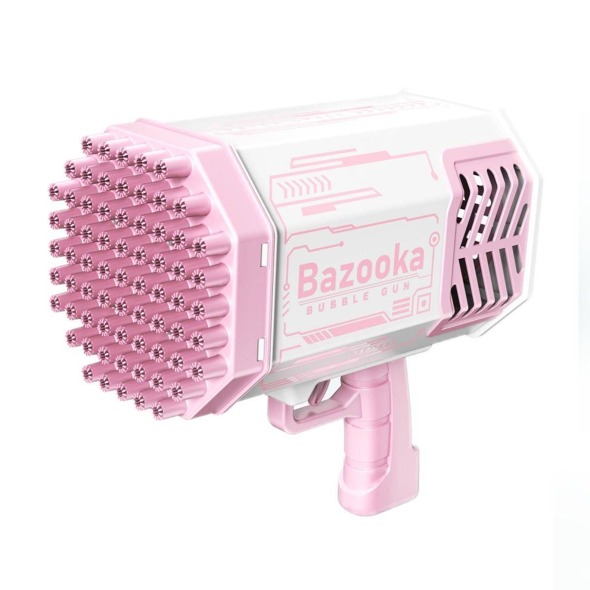 69 Hole Bazooka Bubble Gun in pink with a futuristic design, ideal for outdoor bubble-blowing fun. Features multiple bubble holes for endless entertainment.