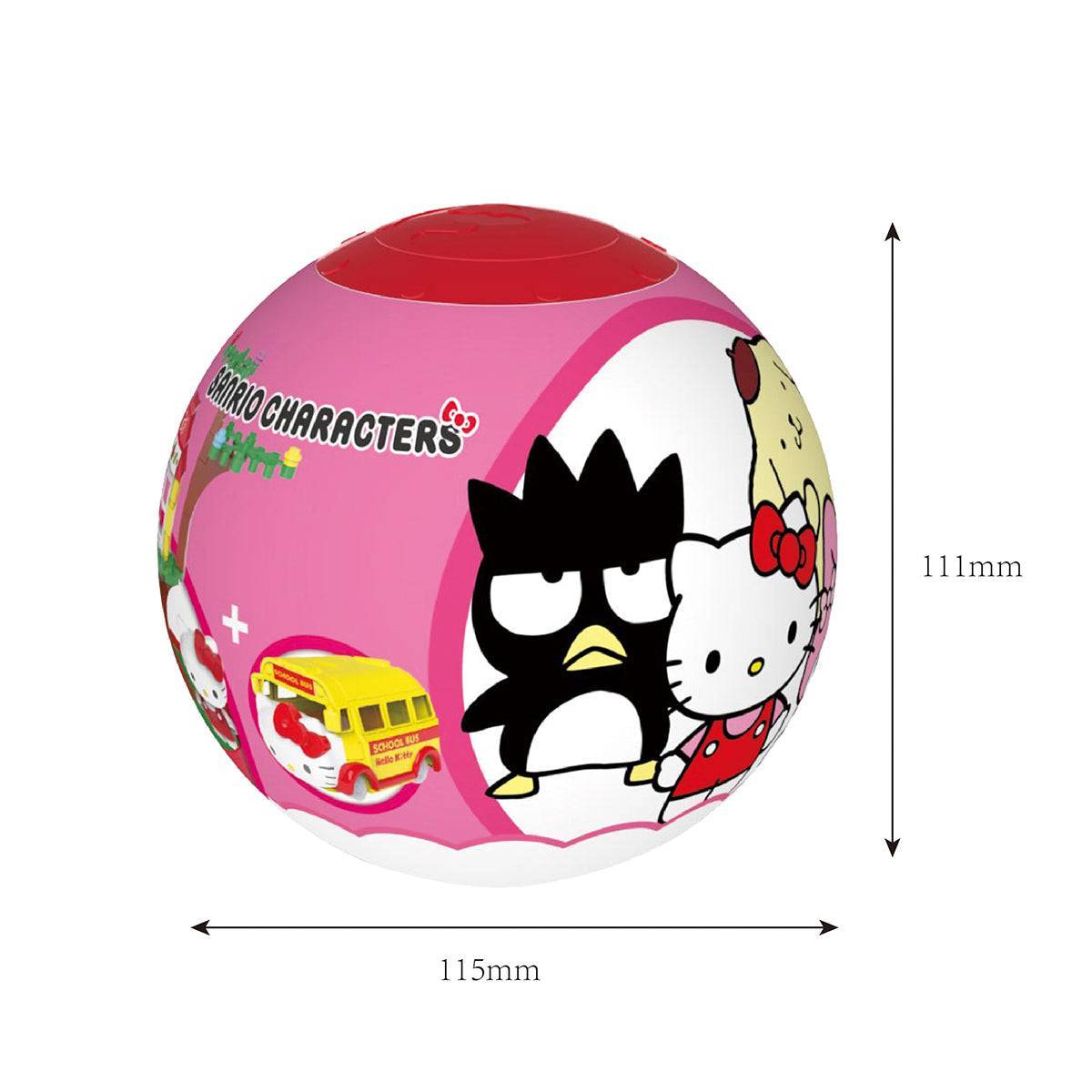 Sanrio Characters capsule packaging with Hello Kitty and Bad Badtz-Maru, measuring 115mm in diameter and 111mm in height.