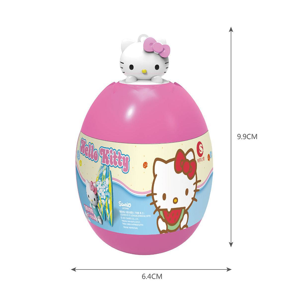 Hello Kitty Summer Beach Paradise Capsule Toy KT-010141-6 in a pink capsule with Hello Kitty figure on top and product dimensions shown.