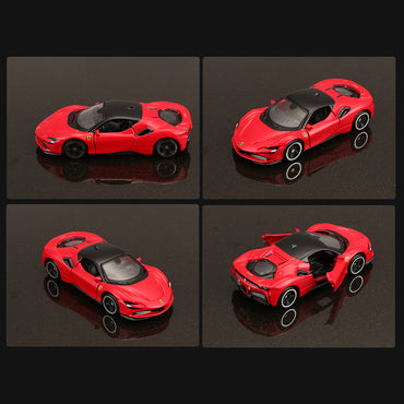 Set of four images showcasing the Bburago 1:64 Ferrari SF90 Stradale alloy model car from different angles. Features realistic design and premium finish.