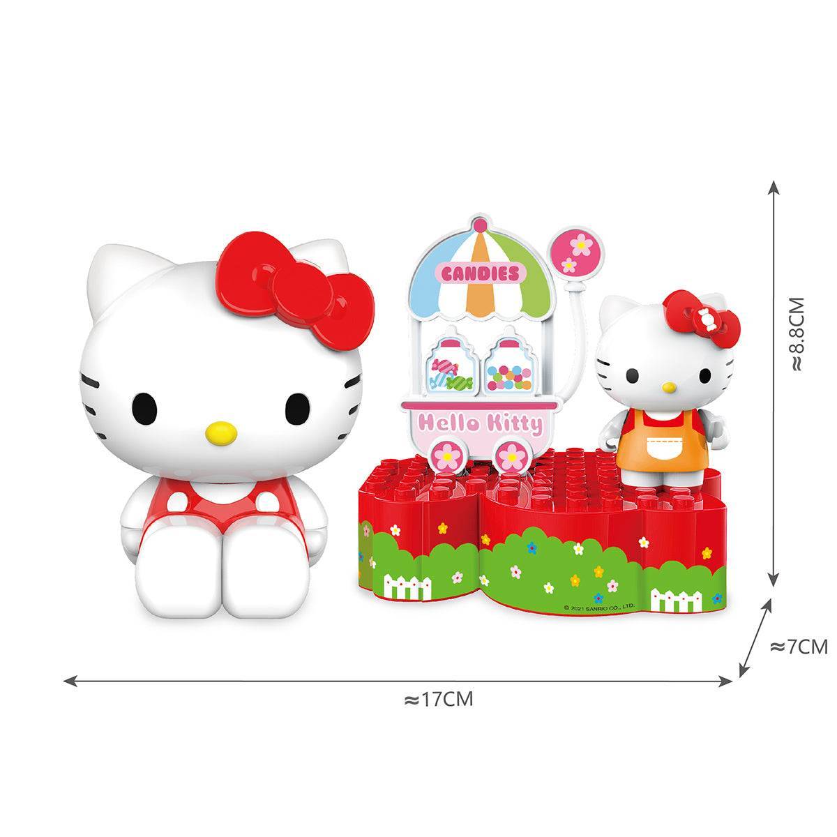 Hello Kitty Small Amusement Park Blind Box toy set with a candy shop-themed building block display, measuring approximately 17cm wide.