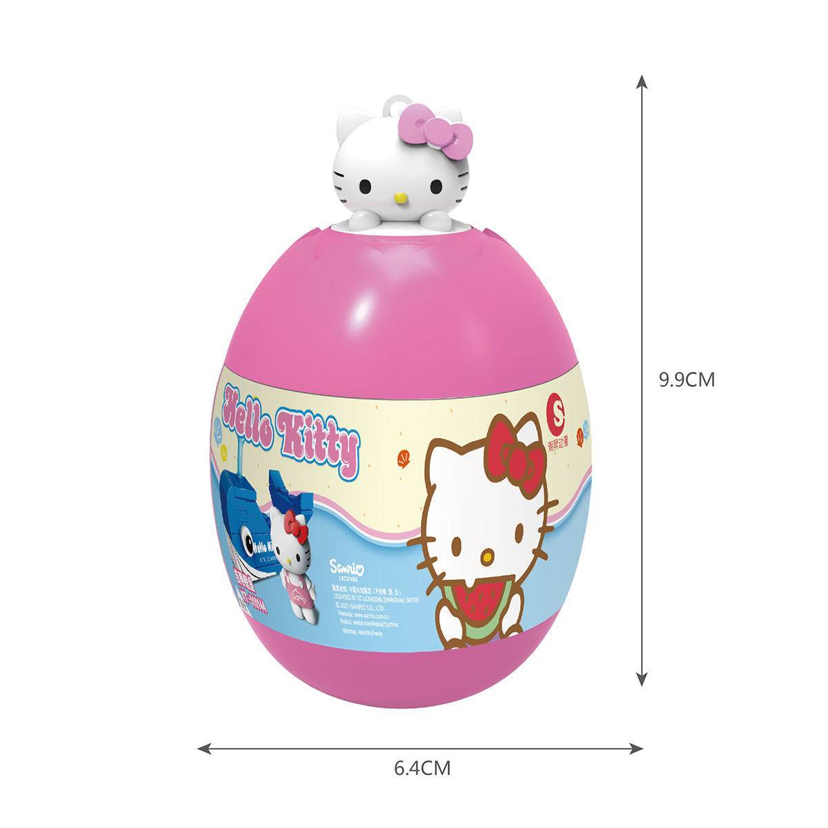 Hello Kitty Summer Beach Paradise Capsule Toy KT-010141-6 in a pink capsule with Hello Kitty figure on top and product dimensions shown.