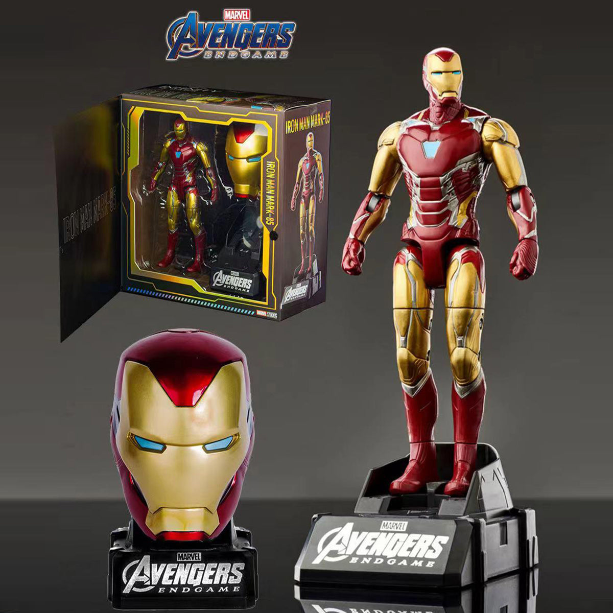 Marvel Transformer Toy Action Figure Iron Man Mark-85 with Avengers Endgame branding, includes helmet and display stand for collectors.