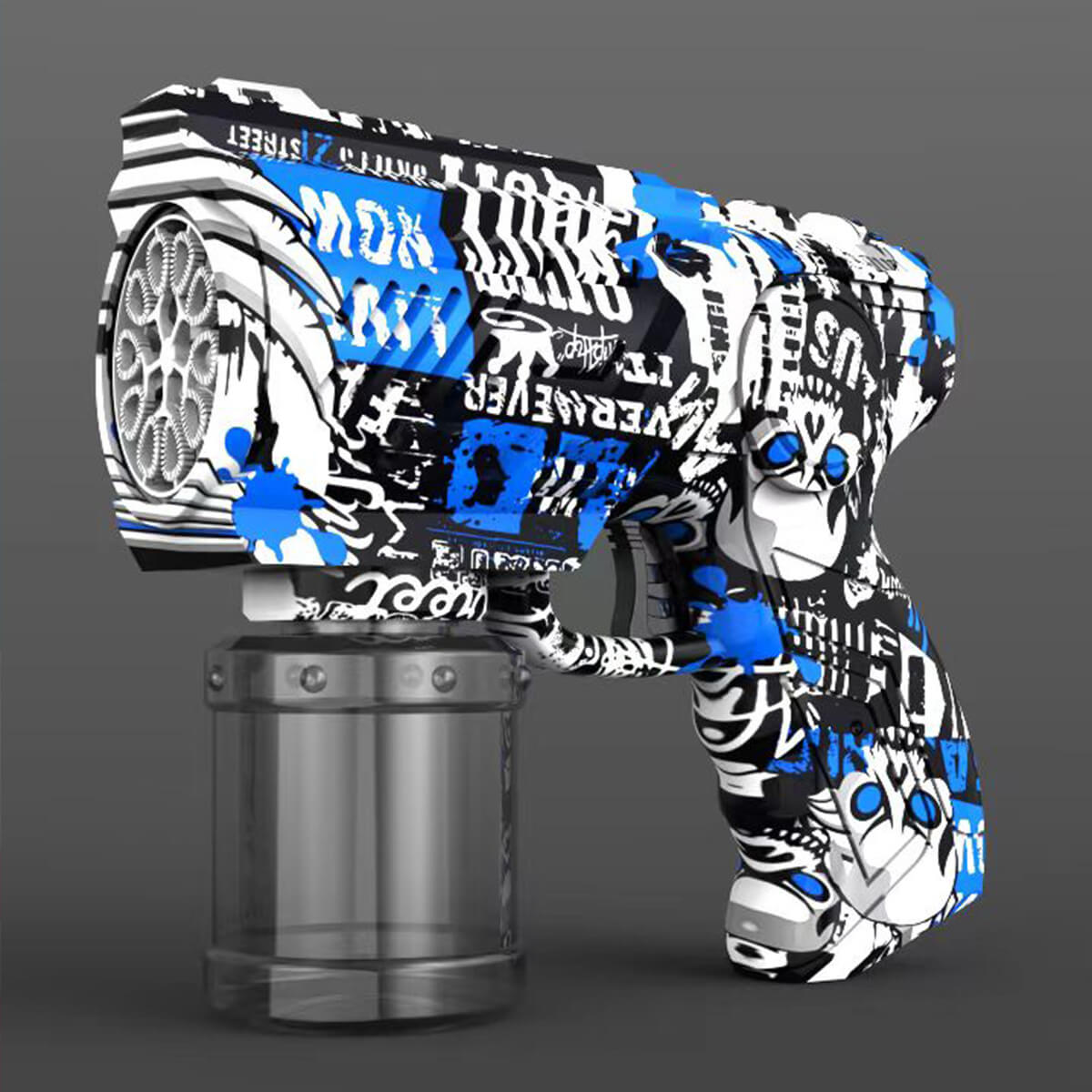 10 Holes Graffiti Bubble Gun for Kids in blue and black design. Features a unique graffiti pattern, large bubble capacity, and durable construction.