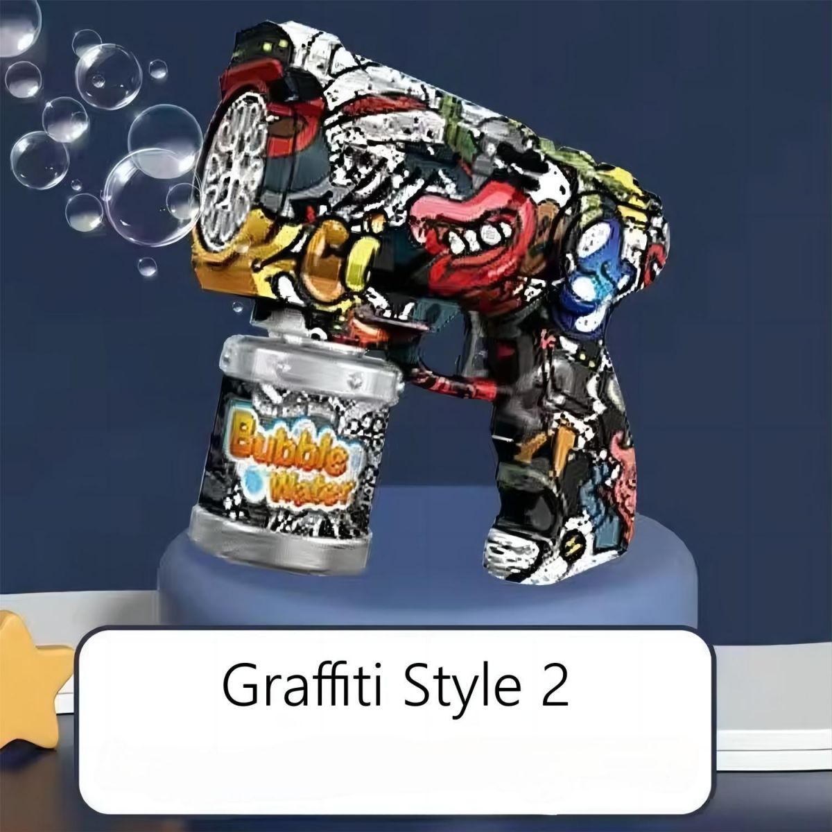 Graffiti Style 2 bubble gun with a bold artistic design. Features a 10-hole bubble output and a large bubble water container for extended play.