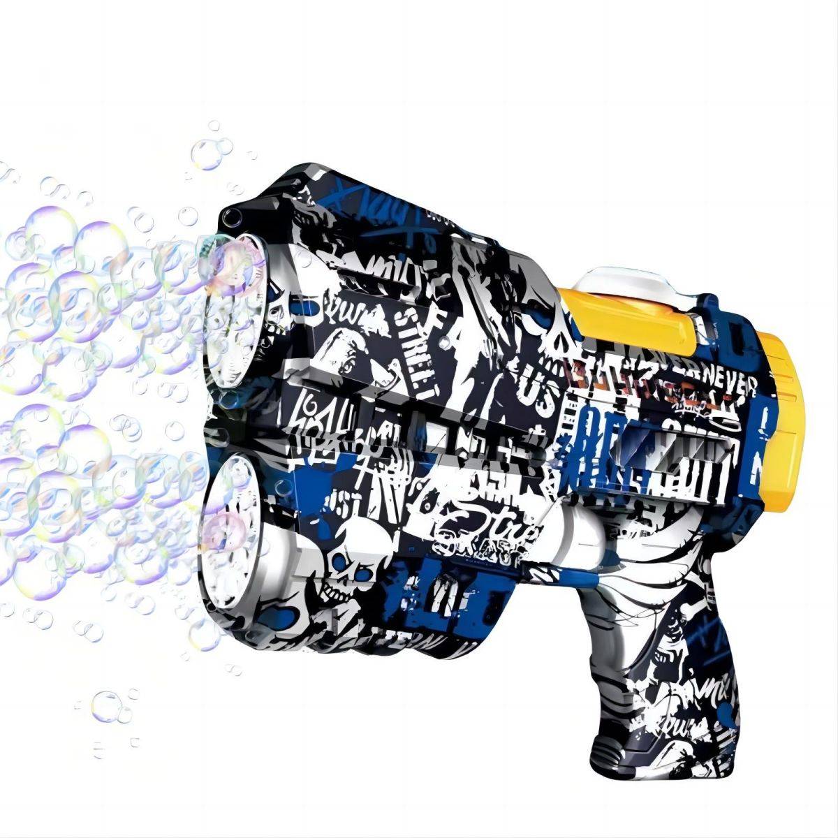 20 Holes Automatic Graffiti Bubble Gun for Kids in blue and black design, releasing multiple bubbles. Fun outdoor toy for children.