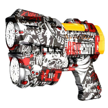 Red and black 20 Holes Automatic Graffiti Bubble Gun for Kids with a bold graffiti design. Perfect for outdoor bubble-blowing fun.