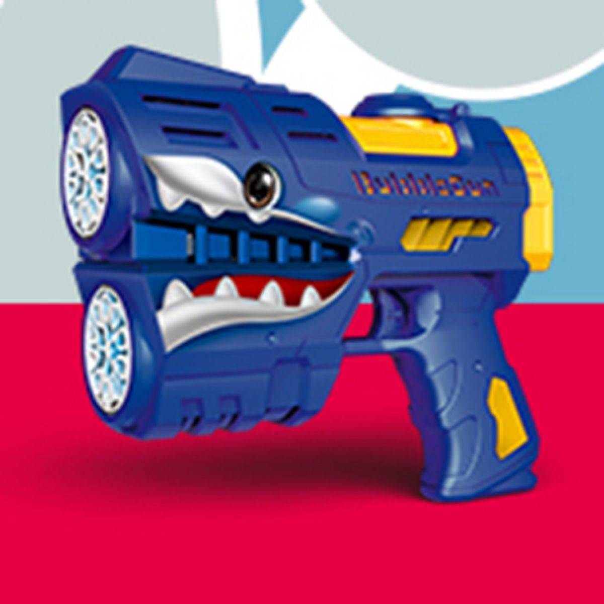 Blue variant of the Kids Cartoon Automatic Twin 20 Hole Space Shark Bubble Gun with a playful shark-themed design.