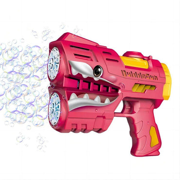 Red Space Shark Bubble Gun releasing bubbles, featuring an automatic twin 20-hole design for endless fun.