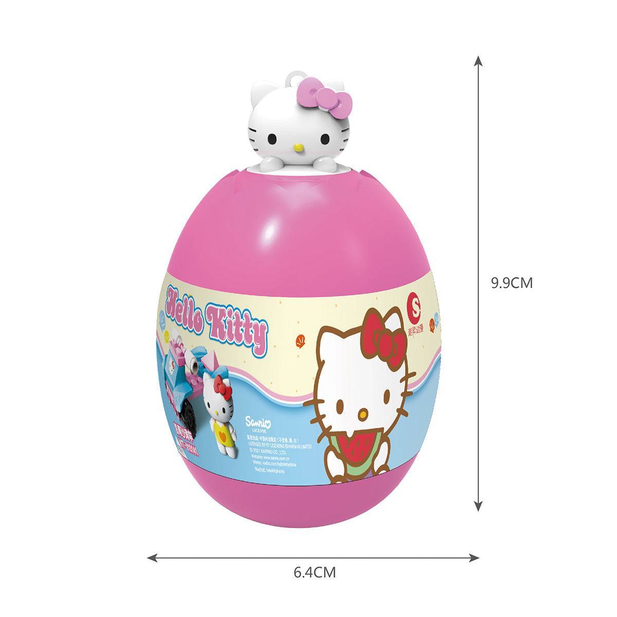 Hello Kitty Summer Beach Paradise Capsule Toy KT-010141-6 in a pink capsule with Hello Kitty figure on top and product dimensions shown.