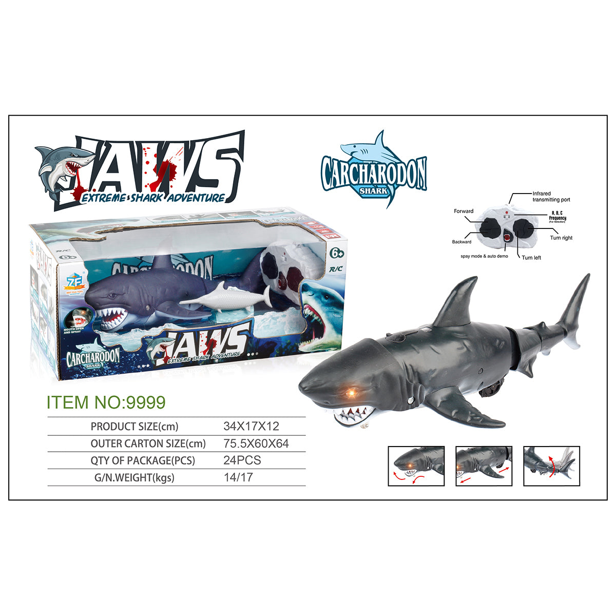 Realistic Remote Control Shark Toy by HugmieToys features lifelike design and swimming motion, perfect for Halloween pranks and kids' playtime fun.