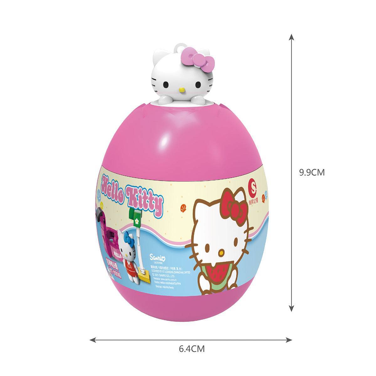 Hello Kitty Summer Beach Paradise Capsule Toy KT-010141-6 in a pink capsule with Hello Kitty figure on top and product dimensions shown.