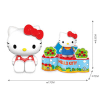 Hello Kitty Small Amusement Park Blind Box toy set with a train station-themed building block display, measuring approximately 17cm wide.