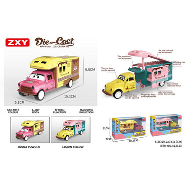 Detailed view of the die-cast magnetic ice cream RV toy truck with openable doors, sunroof, and pop-out window. Includes packaging and size details.