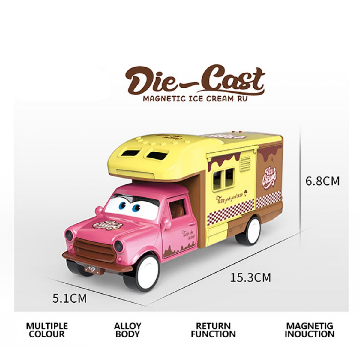 Die-cast magnetic ice cream RV toy truck in pink and yellow with alloy body, return function, and magnetic induction. Features sound and light effects.