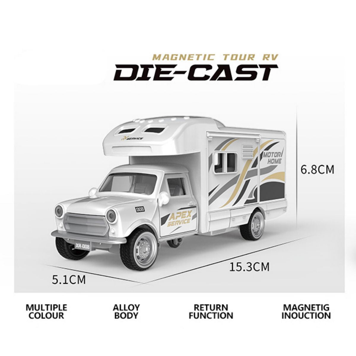 Die-cast magnetic tour RV toy truck in white with alloy body, return function, and magnetic induction. Features sound and light effects.