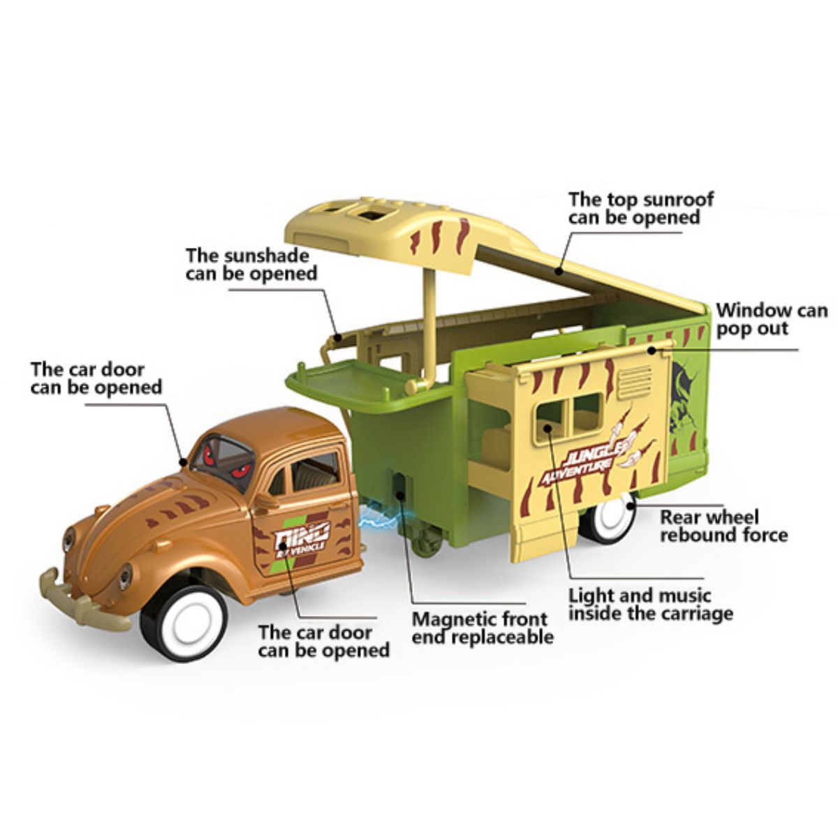 Close-up of the brown and green die-cast Dino Chase RV toy truck with interactive features like openable doors, sunroof, and light and music effects.