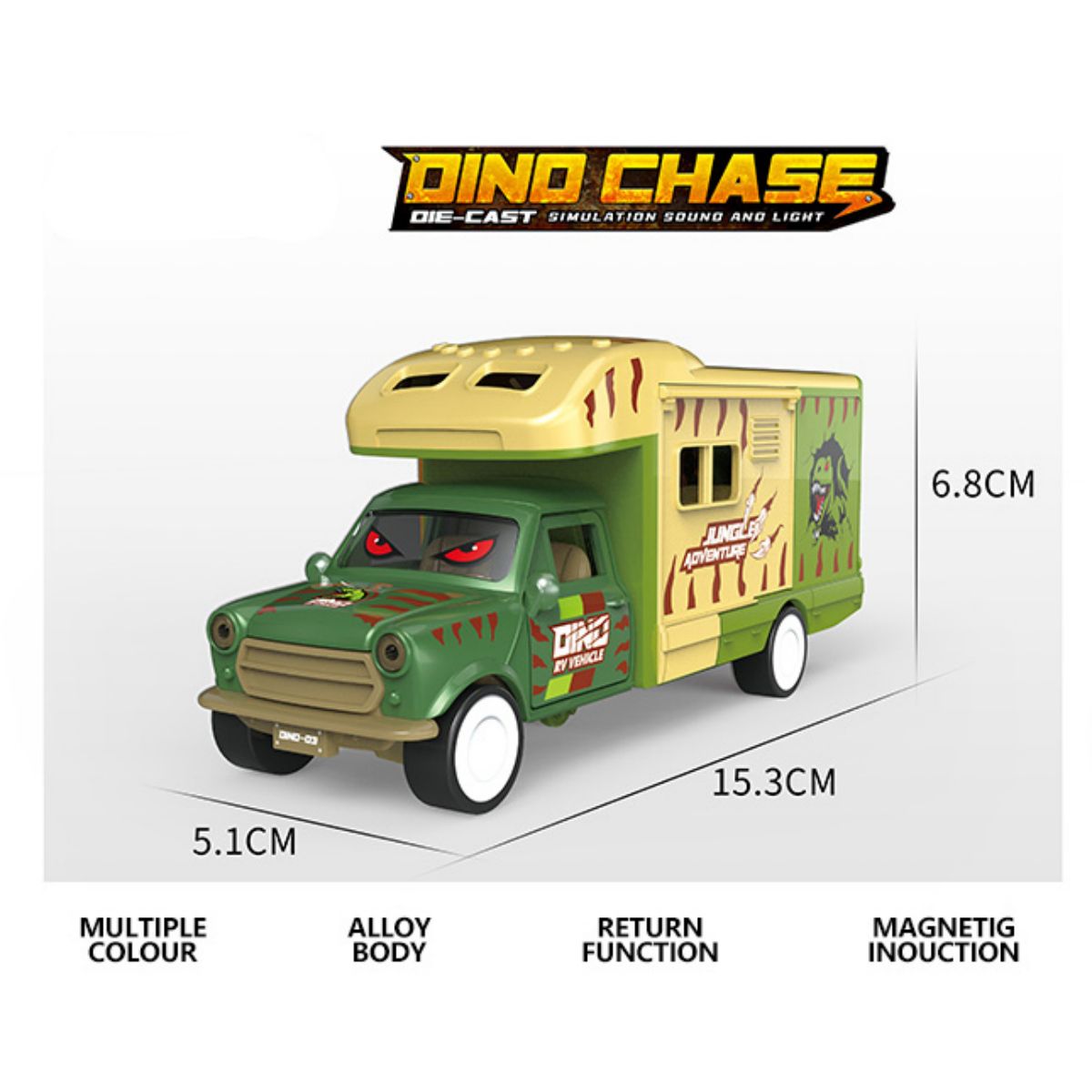 Die-cast Dino Chase RV toy truck in green with alloy body, return function, and magnetic induction. Features sound and light effects.