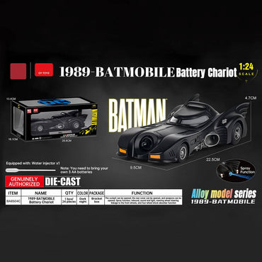 Packaging and features of the BA8504C 1:24 1989 Batmobile Alloy Diecast Model Car, showcasing its spray function and diecast build.