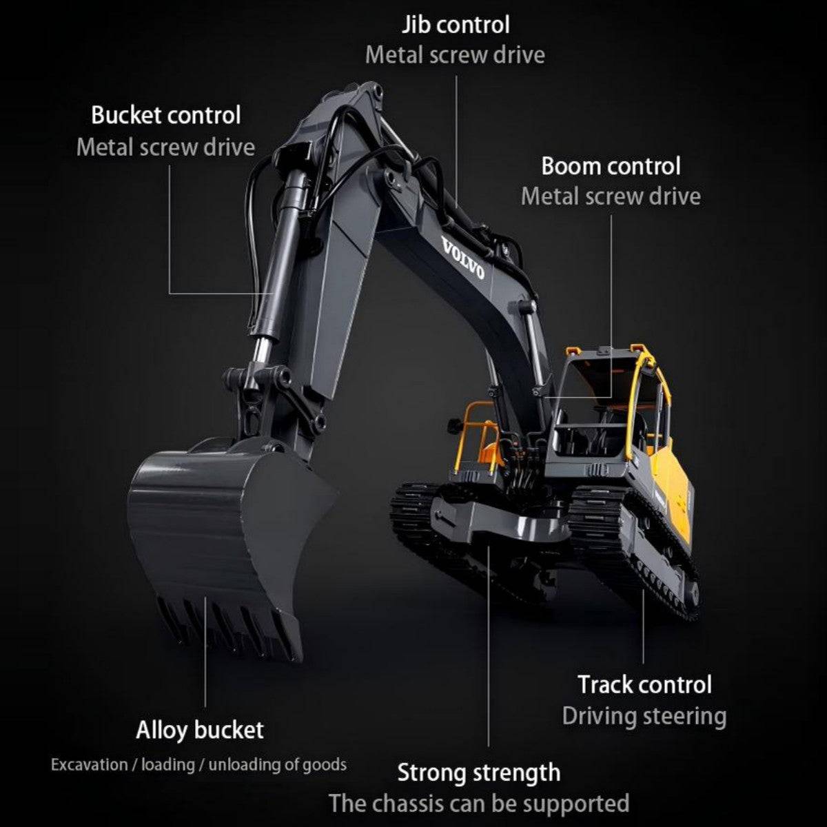 Double E 1:16 Volvo 3 in 1 Remote Control Excavator E598 - HugmieToys