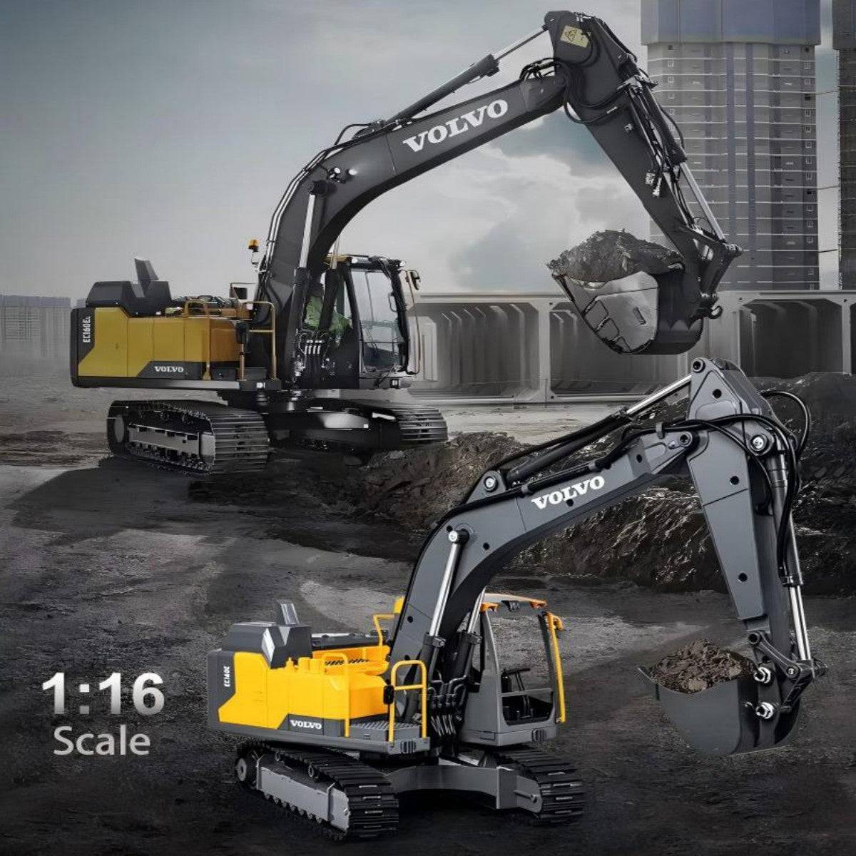 Double E 1:16 Volvo 3 in 1 Remote Control Excavator E598 - HugmieToys