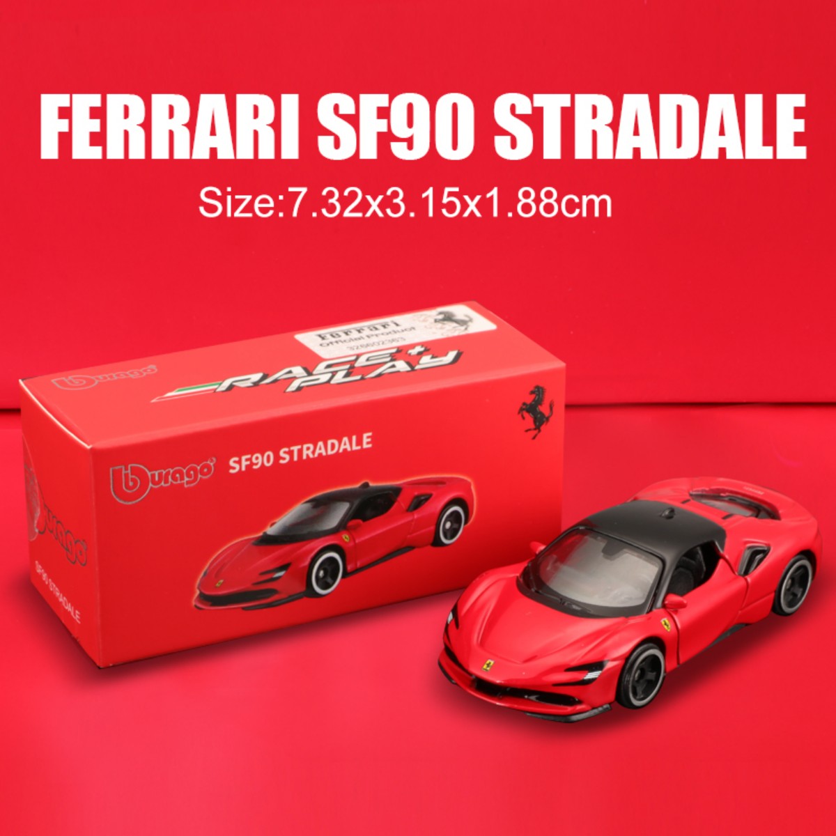 Bburago 1:64 Ferrari SF90 Stradale alloy model car with red packaging. Realistic details and premium build, perfect for collectors and kids aged 3+.