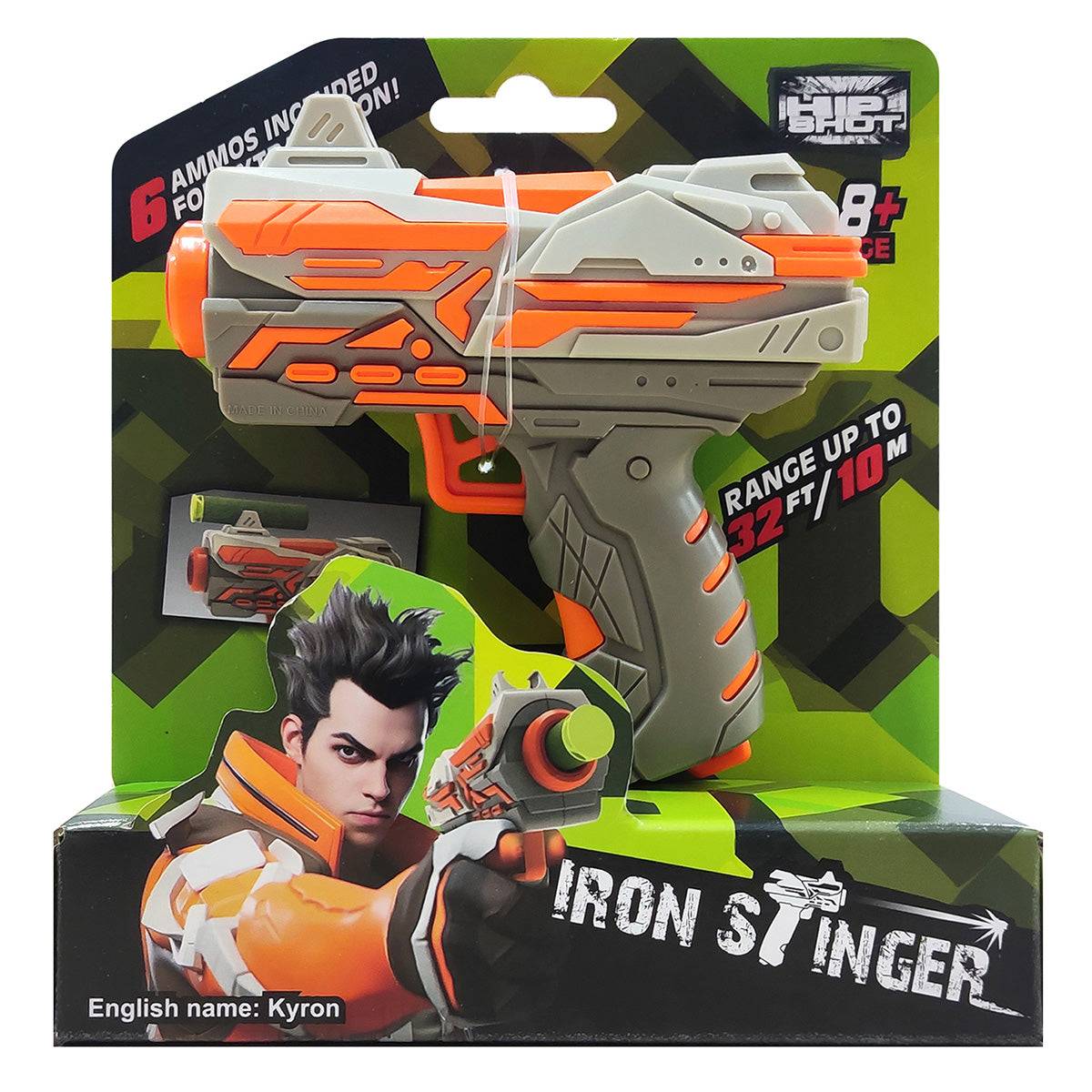 FJ9001 Soft Foam Dart Blaster Toy Gun in orange and gray, branded as 'Iron Stinger,' includes six foam darts and offers a shooting range of up to 10 meters.