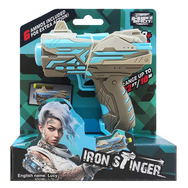 FJ9001 Soft Foam Dart Blaster Toy Gun in blue and gray, packaged as 'Iron Stinger' with six foam darts, designed for quick-draw shooting and high accuracy.