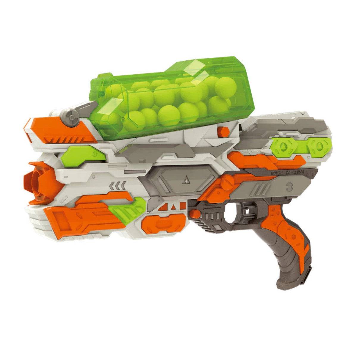 FJ9012 Soft Bullet Gun Toy with 30 spherical bullets, featuring a futuristic design with a green ammo chamber, orange and gray body, and ergonomic grip.