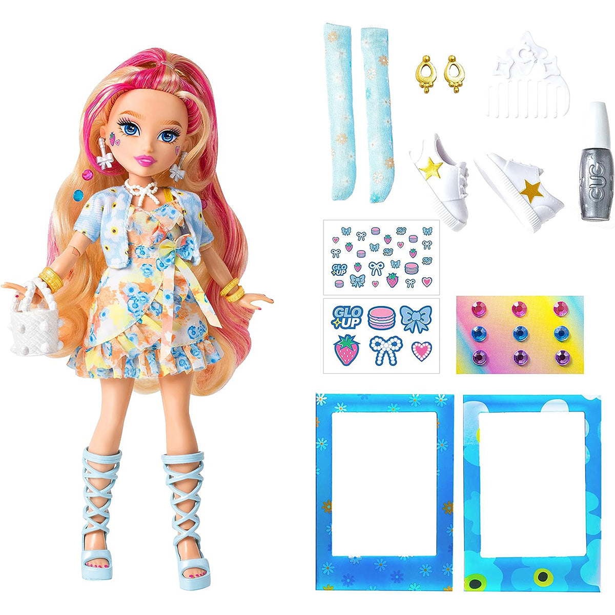 Far Out Toys GLO-UP Girls Tiffany Blonde Fashion Doll with stylish outfit, accessories, and makeup set for creative fashion play.